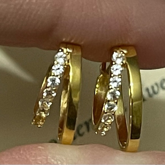 Awe inspired double hoop Huggies gold vermeil 925 white topaz - Picture 2 of 2